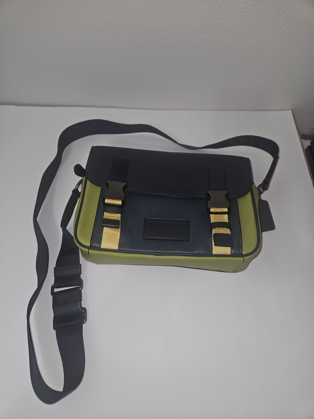 Coach Messenger BAG Olive Green and Black Crossbody Bag with Gold Accents